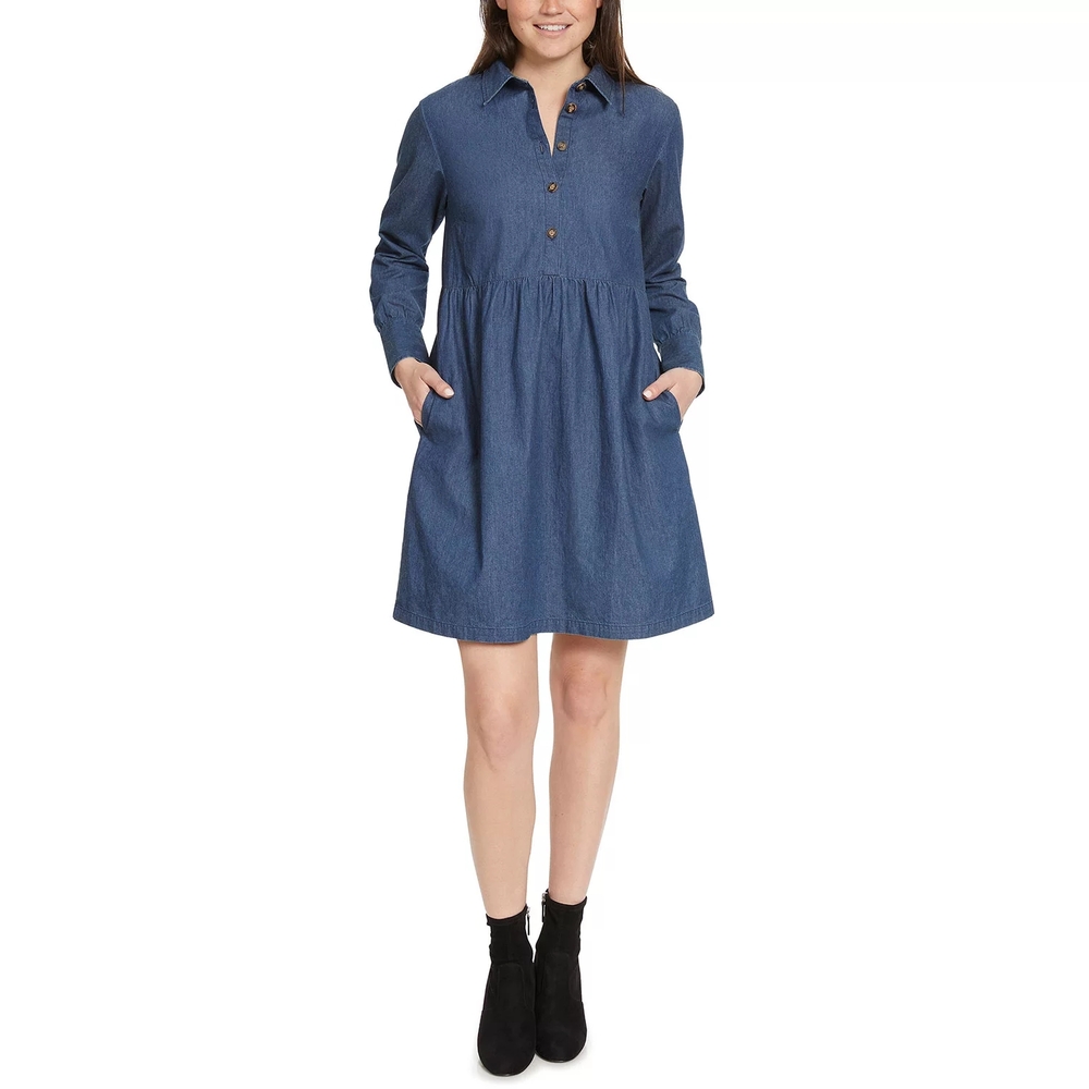 Denim Shirt Dress with Pockets - Blue
